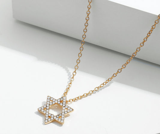 18K Gold Plated Star of David Necklace with Crystals-0