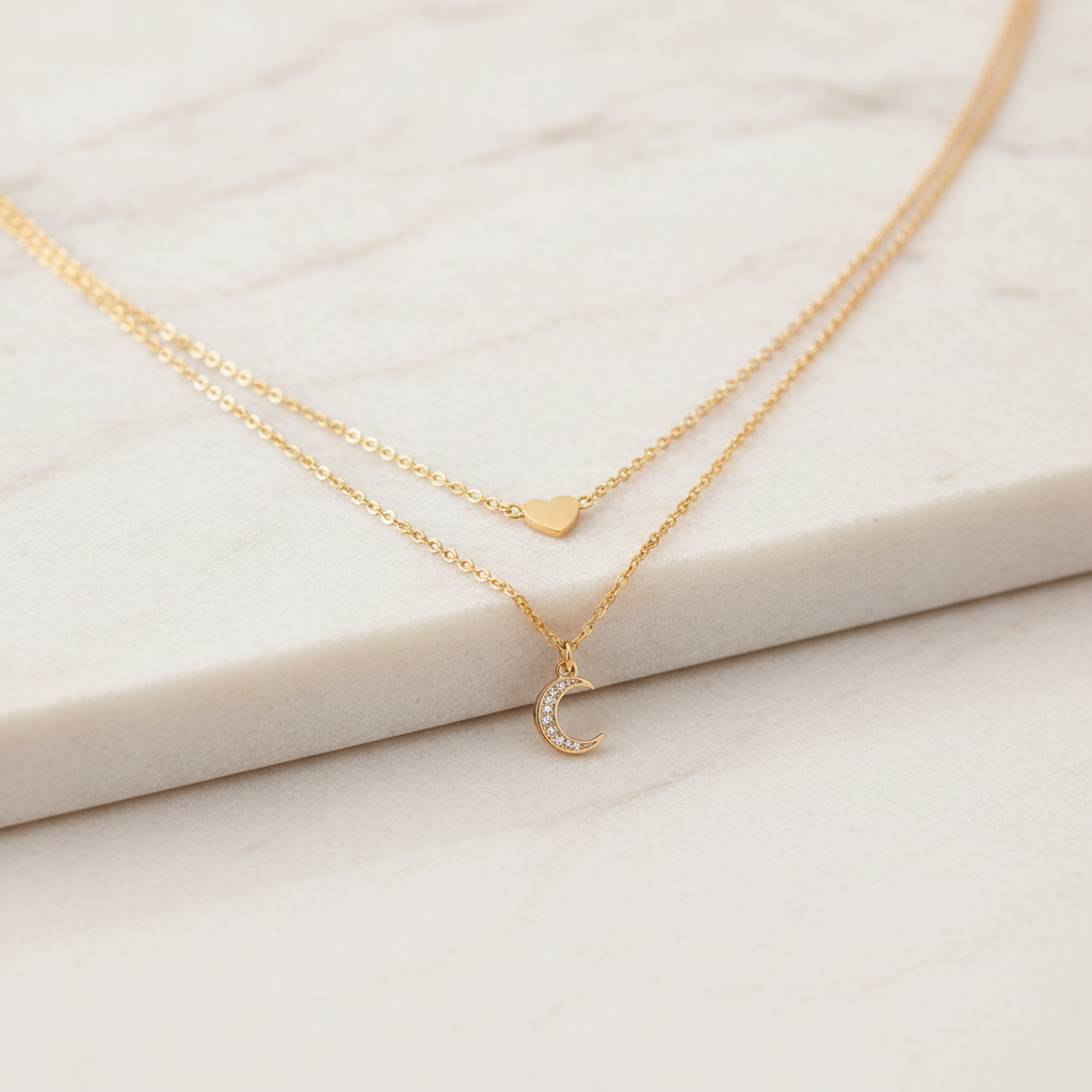 Moon and Heart Two Layer Necklace