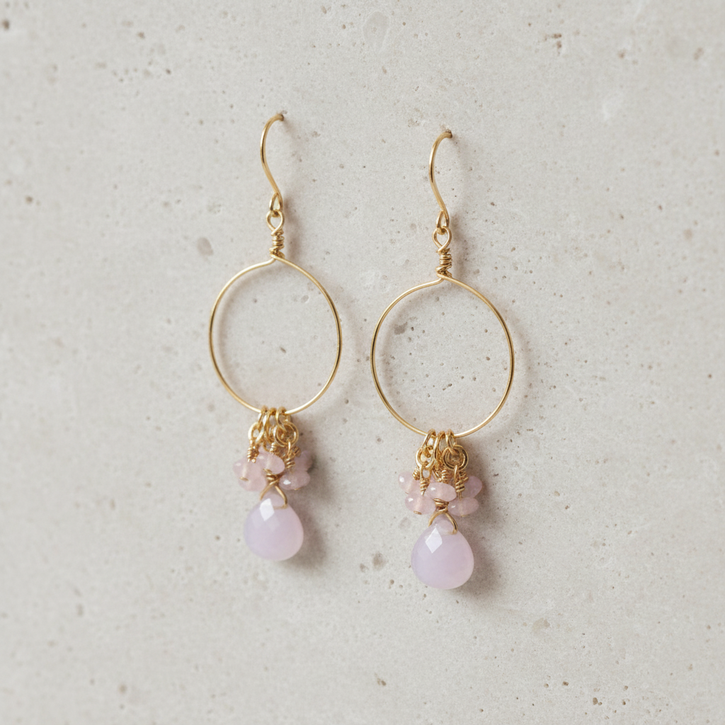 Pink Chalcedony and Jade Cluster Hoop Earrings